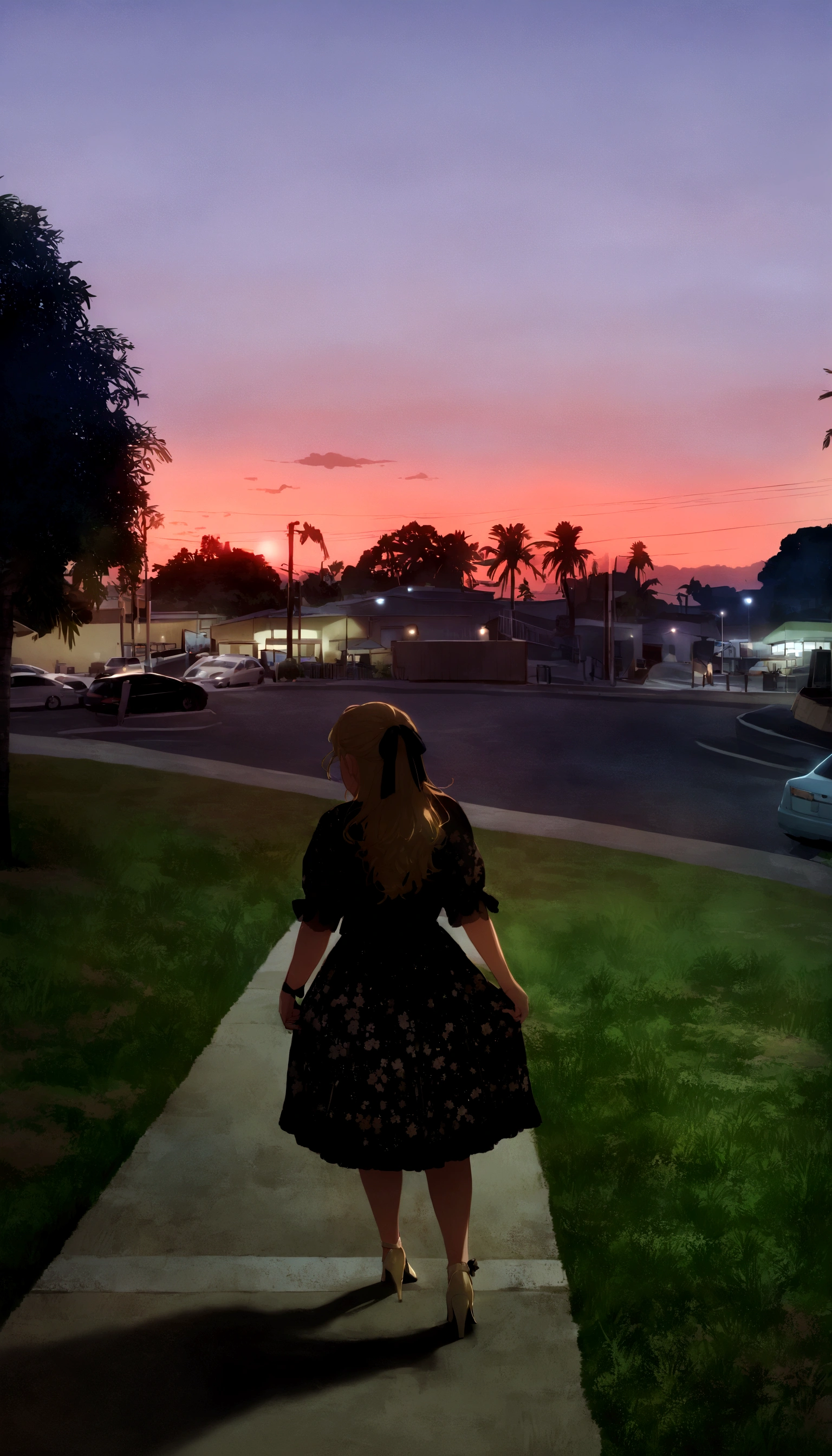 Just Nahoko、in the middle of sunset. (Blonde girl with black bow in her hair and wears high heels)the background scenery has palm trees and a beautiful sunset.