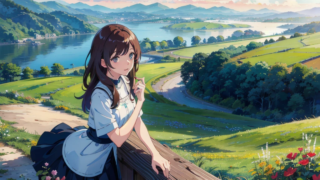 masterpiece,Highest quality,One Girl,The hair color is brown,Kind eyes,Gradient Hair,countryside,Cityscape,sunlight,Flowers and plants,blue sky,scenery,afternoon,Light Perception,Soft sunlight,