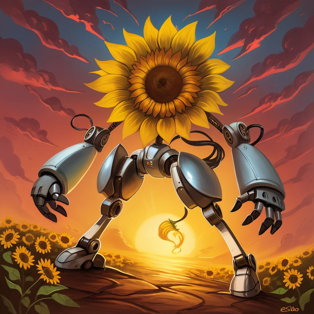 robot with sunflower head in esao andrews art style
