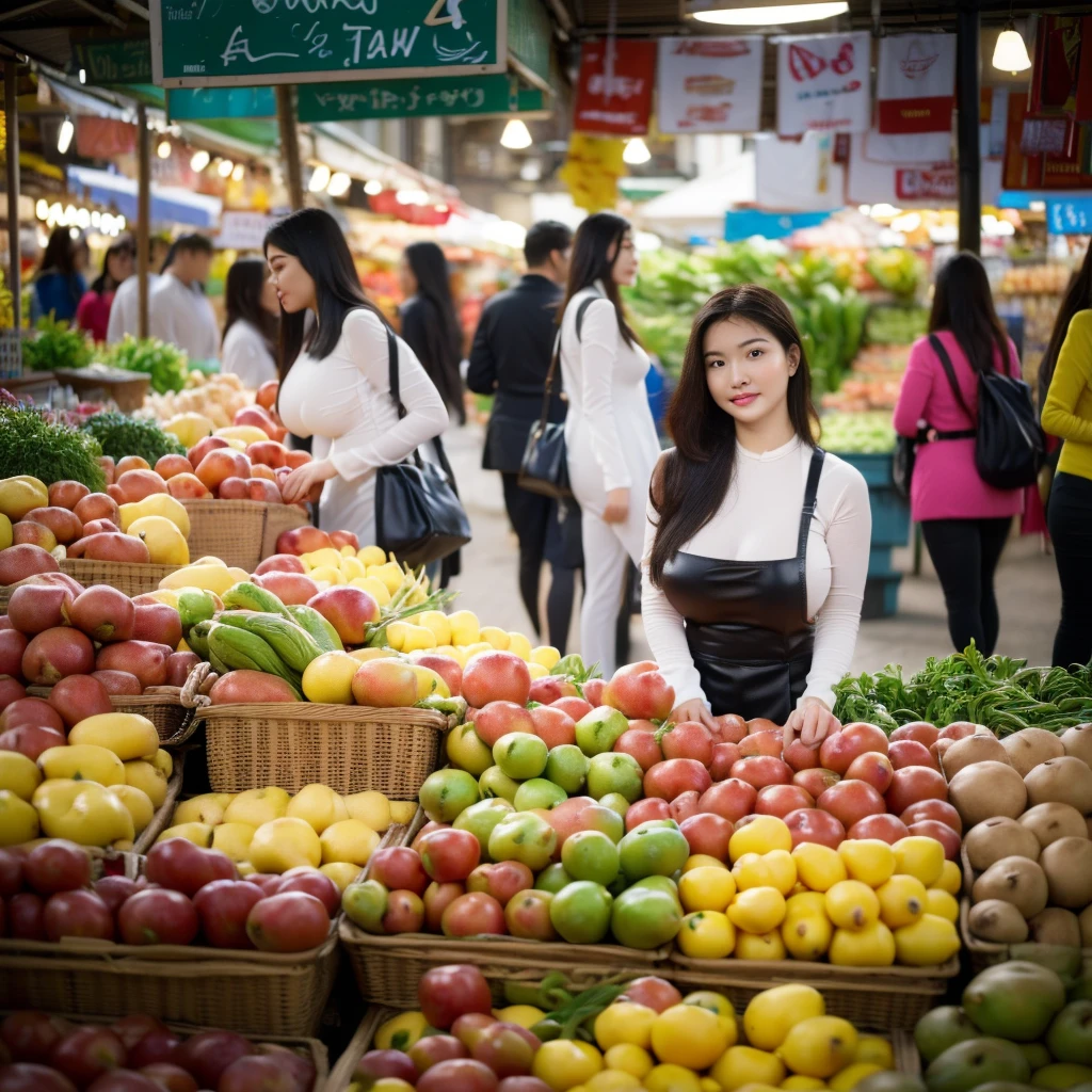 ((big breasts, beautiful breasts, sitting in the middle of the market with many people around, 8k quality photo with good details))