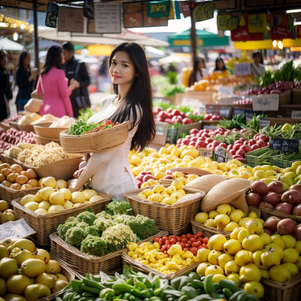 ((big breasts, beautiful breasts, sitting in the middle of the market with many people around, 8k quality photo with good details))