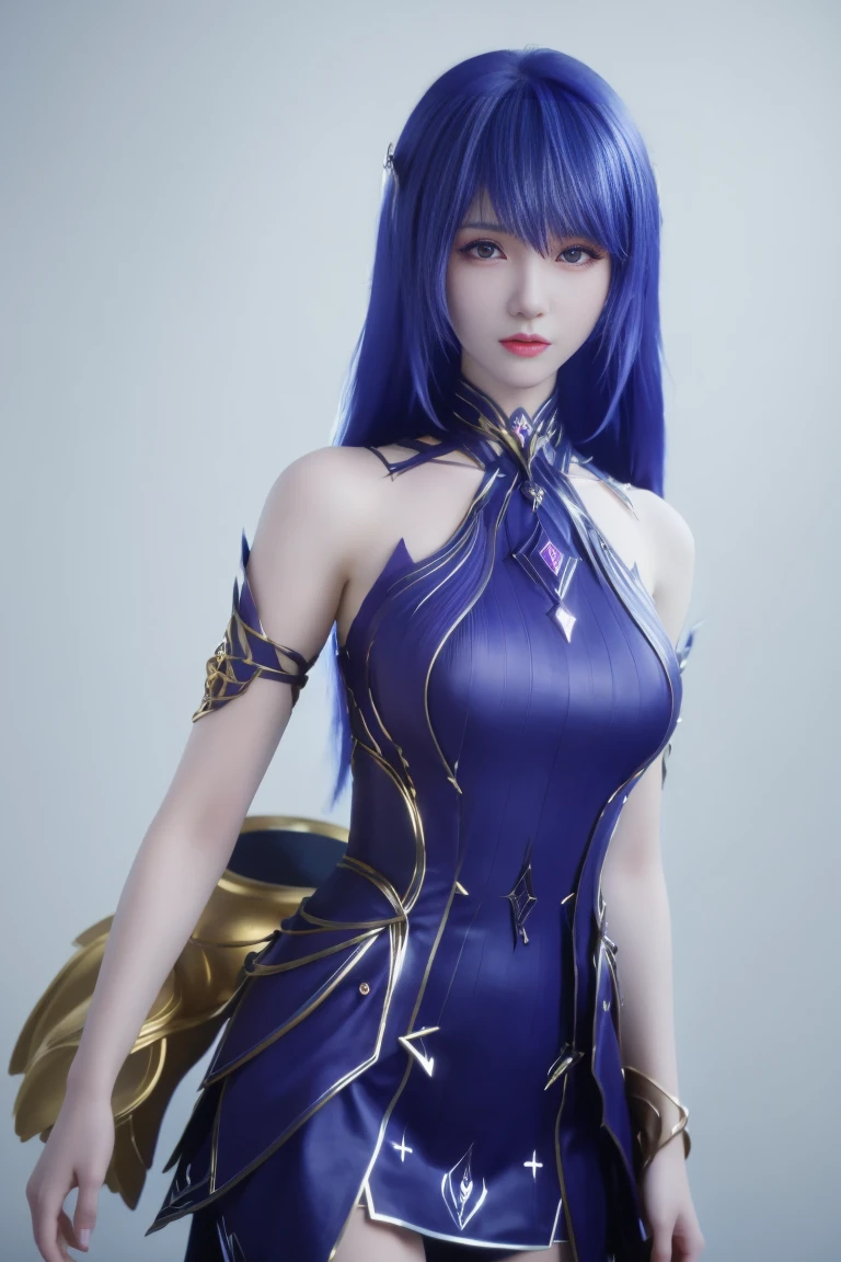 best quality, tmasterpiece,Ultra-high resolution,Clear face,(Reality:1.4),ferpect lighting,(upper body shot), (photorealistic:1.50), anime wallpaper, Guviz style artwork, cover-up fantasy up to magic , by Yang J, Guviz, beautiful artwork illustration, beautiful digital artwork, beautiful digital illustration, Li Song, beautiful anime portrait, art style in Beauvot, (1girl : 1.2), (simple background, white background,: 1.2),(look at viewer: 1.2),(beautiful face: 1.2),
portrait, detailed face,
thighhighs, bare shoulders, hair ornaments, purple hair, purple dress, absudres, Chinese dress, indoor,
caier,