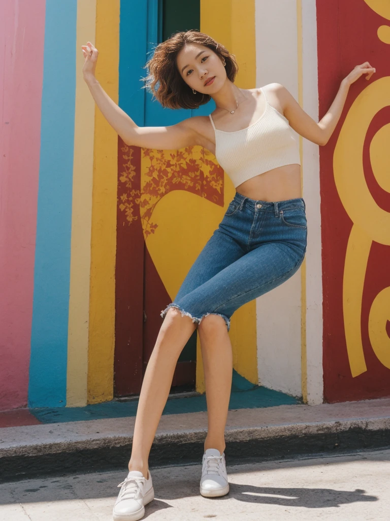 her name is Asako, high quality, 1girl, ((20-year-old fit Caucasian woman)), ((20 years old)), ((slim)), ((Wavy Bob)), pose: standing, wearing stylish fashionable Generation-Z modern wear different colored, BACKGROUND: In the colorful Caminito Street in La Boca, with vibrant murals and tango dancers.