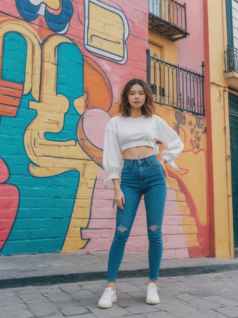 her name is Asako, high quality, 1girl, ((20-year-old fit Caucasian woman)), ((20 years old)), ((slim)), ((Wavy Bob)), pose: standing, wearing stylish fashionable Generation-Z modern wear different colored, BACKGROUND: In the colorful Caminito Street in La Boca, with vibrant murals and tango dancers.