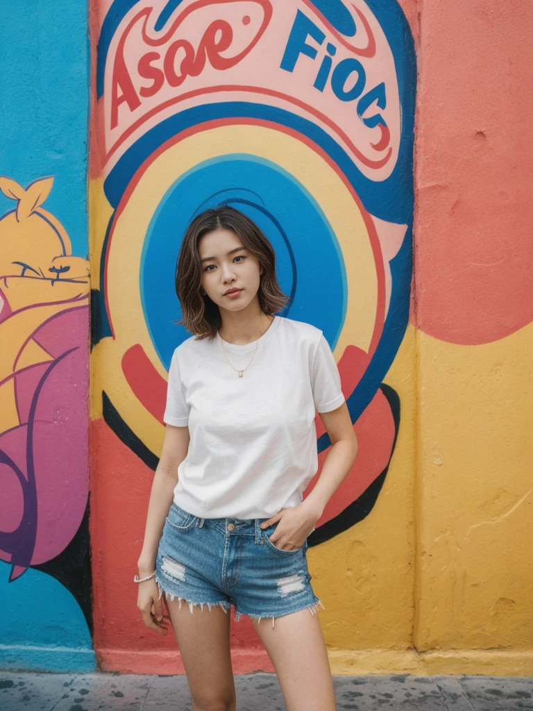 her name is Asako, high quality, 1girl, ((20-year-old fit Caucasian woman)), ((20 years old)), ((slim)), ((Wavy Bob)), pose: standing, wearing stylish fashionable Generation-Z modern wear different colored, BACKGROUND: In the colorful Caminito Street in La Boca, with vibrant murals and tango dancers.