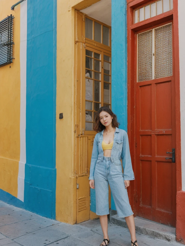 her name is Asako, high quality, 1girl, ((20-year-old fit Caucasian woman)), ((20 years old)), ((slim)), ((Wavy Bob)), pose: standing, wearing stylish fashionable Generation-Z modern wear different colored, BACKGROUND: In the colorful Caminito Street in La Boca, with vibrant murals and tango dancers.