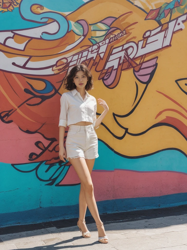 her name is Asako, high quality, 1girl, ((20-year-old fit Caucasian woman)), ((20 years old)), ((slim)), ((Wavy Bob)), pose: standing, wearing stylish fashionable Generation-Z modern wear different colored, BACKGROUND: In the colorful Caminito Street in La Boca, with vibrant murals and tango dancers.