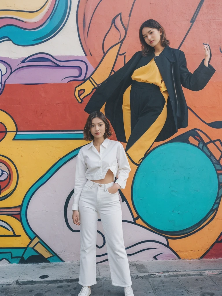 her name is Asako, high quality, 1girl, ((20-year-old fit Caucasian woman)), ((20 years old)), ((slim)), ((Wavy Bob)), pose: standing, wearing stylish fashionable Generation-Z modern wear different colored, BACKGROUND: In the colorful Caminito Street in La Boca, with vibrant murals and tango dancers.