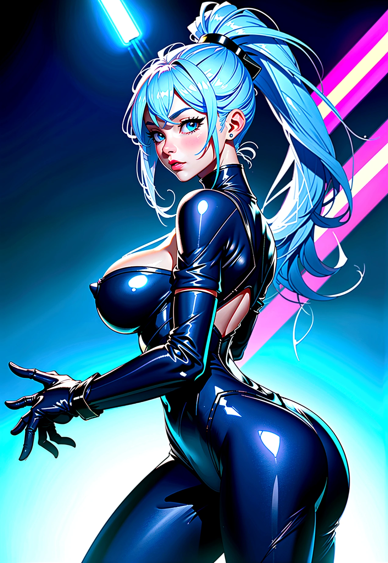 Full body cyber girl with ponytail. Beautiful Face. Big Breasts、Big Butt、Catsuit-like clothing. She has bright blue eyes. The environment is like a Terminator. Hair is platinum. One side of her face is lit up in a bright blue light. As if guided. There are also LED lights on both hands..