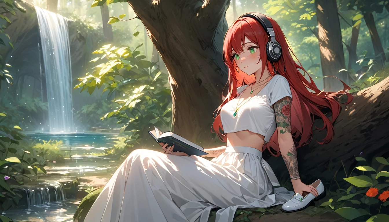 (Best Quality, Masterpiece, ultra high resolution, ultra detailed:1.2) Female gender Beautiful green eyes and melancholic expression Long red hair Light and freckled skin Wears a top with a bra shirt Wears a wedding-style skirt Wears white cloth shoes Sitting under a tree in a forest Next to a natural fountain Wears a necklace of precious stones Has tattoos on her arms Wears long, striking earrings Holds a book of poetry in her hands Listens to soft music through headphones Smiles slightly while observing the nature around her