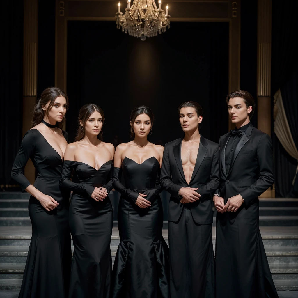 Capture the elegance and sophistication of seven individuals, comprising four men and three women, dressed in black attire. The men don black tuxedos, while the three women adorn themselves in long black gowns. They stand side by side on the grand opera stage, exuding an air of utmost refinement and poise. Ensure the image is a realistic, ultra HD portrayal of this scene.
