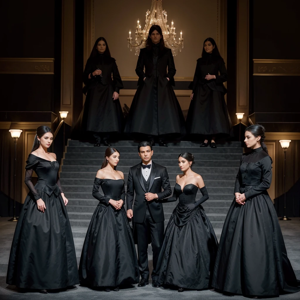 Capture the elegance and sophistication of seven individuals, comprising four men and three women, dressed in black attire. The men don black tuxedos, while the three women adorn themselves in long black gowns. They stand side by side on the grand opera stage, exuding an air of utmost refinement and poise. Ensure the image is a realistic, ultra HD portrayal of this scene.