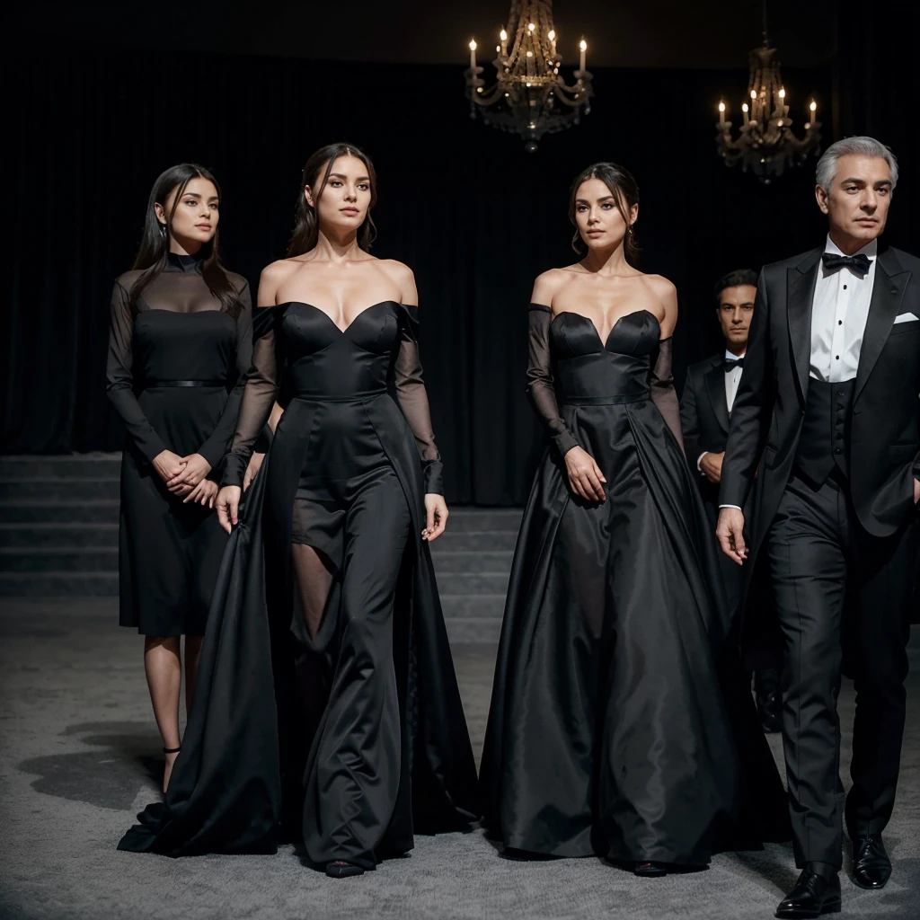 Capture the elegance and sophistication of seven individuals, comprising four men and three women, dressed in black attire. The men don black tuxedos, while the three women adorn themselves in long black gowns. They stand side by side on the grand opera stage, exuding an air of utmost refinement and poise. Ensure the image is a realistic, ultra HD portrayal of this scene.