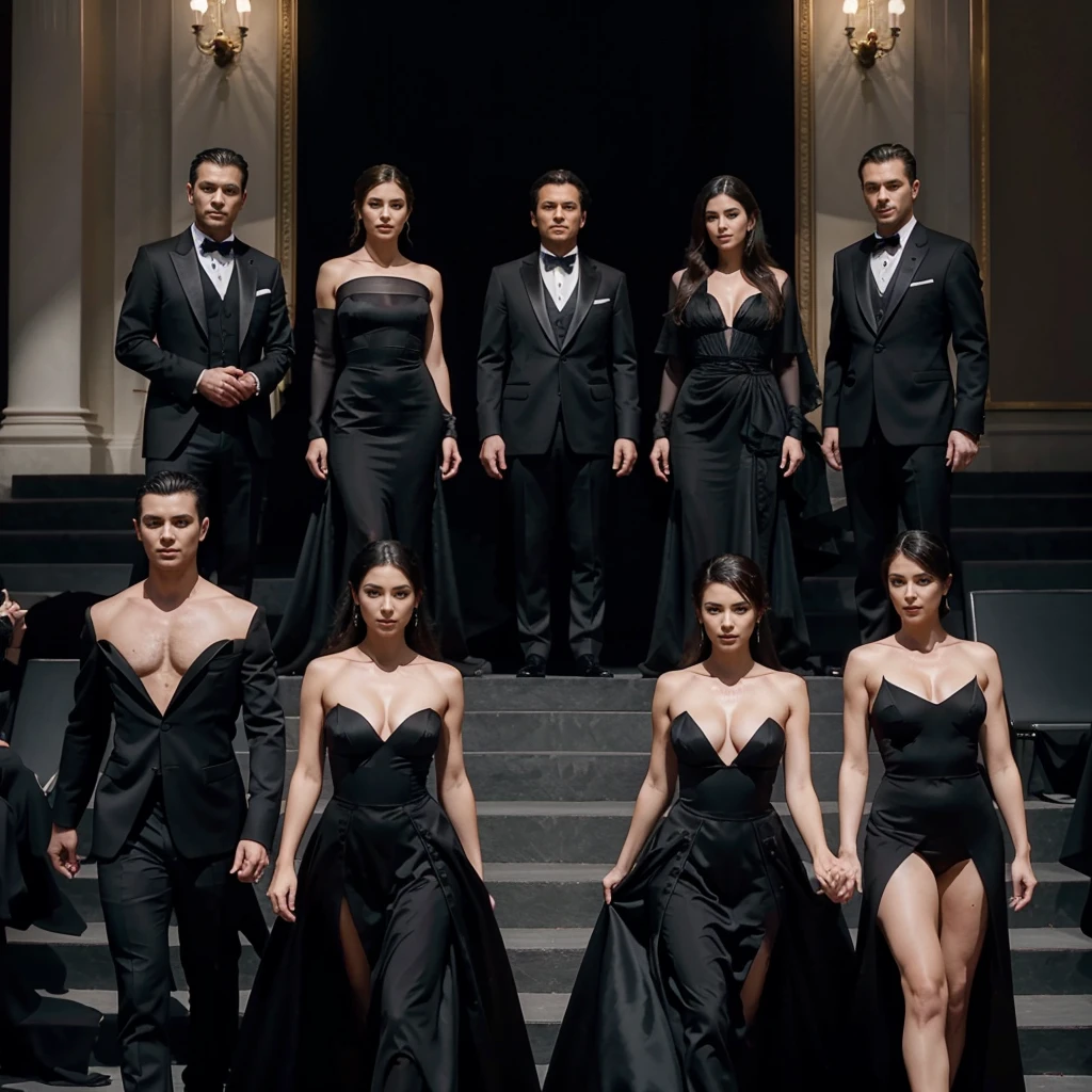 Capture the elegance and sophistication of seven individuals, comprising four men and three women, dressed in black attire. The men don black tuxedos, while the three women adorn themselves in long black gowns. They stand side by side on the grand opera stage, exuding an air of utmost refinement and poise. Ensure the image is a realistic, ultra HD portrayal of this scene.