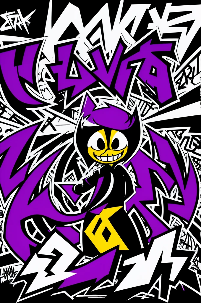 Design a Y2K logo that combines graffiti elements with characters in the style of Bendy and the Ink Machine. Use a color scheme of purple, black, and white. The text should have a techno or digital feel, and the characters should look like graffiti art with