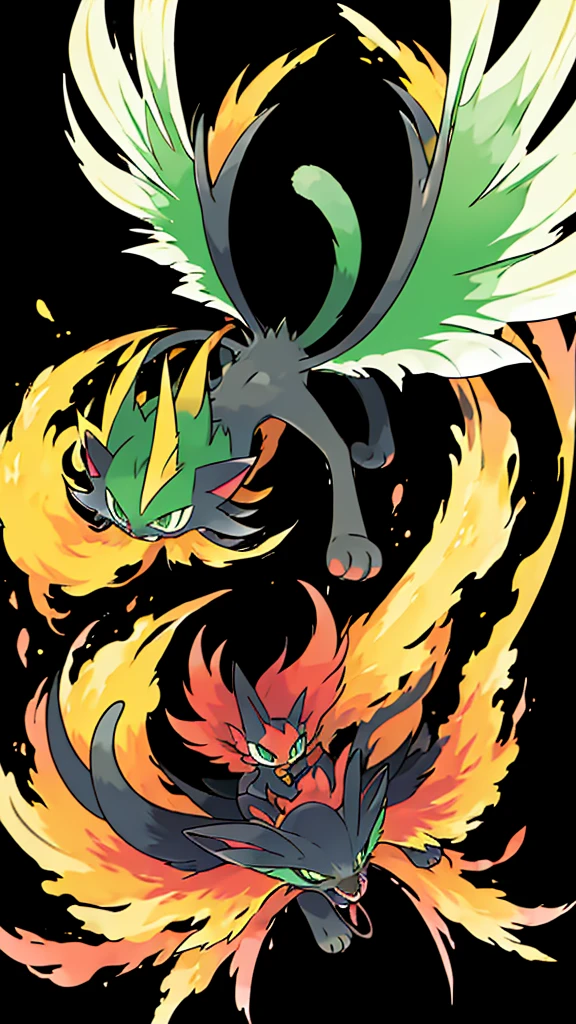 sugimori ken \(style\), psychic-ghost pokemon, cat, 2 colored cat's body, green eyes, 7 tails, 4 tiny wings(masterpiece), high quality, best quality, high-definition, ultra-detailed, large spiked hair, extremely large lenght 7 tails, flying