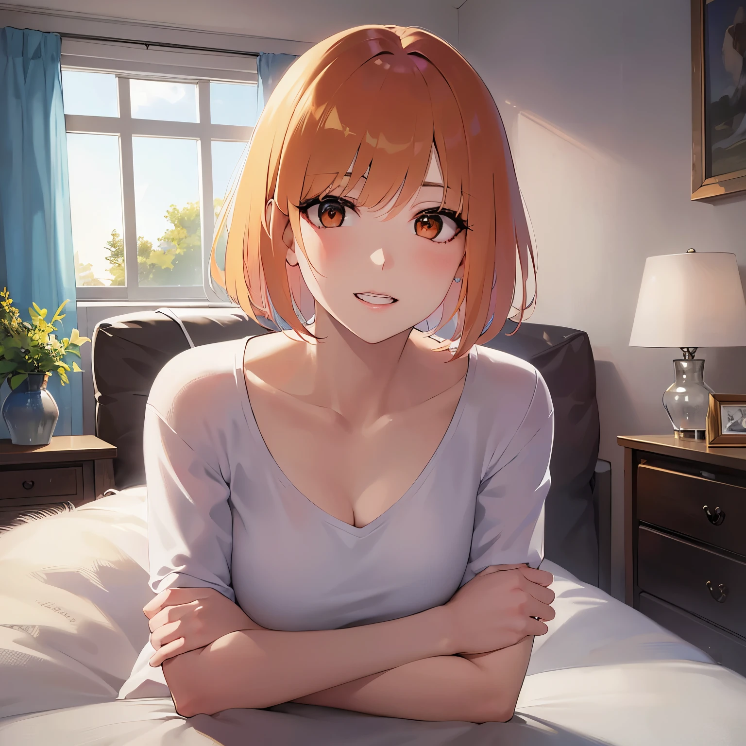 Upper Body, Realistic, real person, (pale skin: 1.2), RAW photo, photorealistic, shiny skin, shiny hair、(A 25-year-old woman with a bob cut and bangs) and (orange hair) and (Orange Eyes) , Wearing a white V-neck T-shirt ,blush,(grin,1.5), The background is the living room at night、Alone、Arms crossed、white teeth
