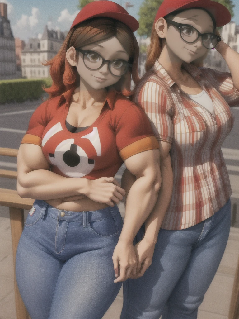 (masterpiece, best quality:1.2), A couple , boy Nino Lahiffe: Brown skin, dark hair, usually seen wearing a red cap, glasses, and casual clothing like a T-shirt and jeans, and a girl Alya Césaire: Brown skin, curly dark brown hair, often wears glasses, and typically seen in stylish, casual outfits. A casual day out with both characters in their everyday attire,Sharing a tender moment, like sitting on a rooftop overlooking Paris..(girl and boy:1), smiling, ((high resolution illustration)), ((extremely detailed)), (couple), Alya, Nino, Nino X Alya, (best quality,4k,8k,highres,masterpiece:1.2), ultra-detailed, realistic:1.37, HDR, studio lighting, extreme detail description, nino wearing a red cap, professional, vibrant colors, bokeh, ((muscular female bodybuilder)), detailed lips, strong embrace, romantic scene, intimate moment, intense passion, athletic bodies, fitness couple, gym background, muscular definition, sculpted muscles, sweat glistening,muscular