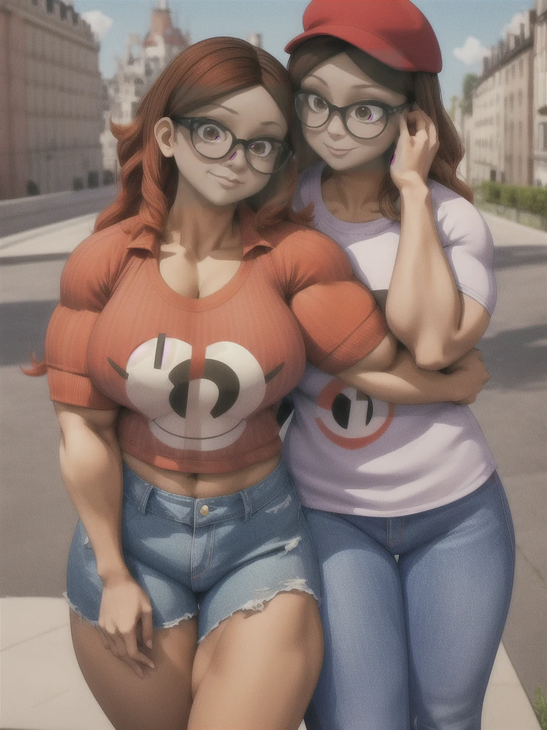(masterpiece, best quality:1.2), A couple , boy Nino Lahiffe: Brown skin, dark hair, usually seen wearing a red cap, glasses, and casual clothing like a T-shirt and jeans, and a girl Alya Césaire: Brown skin, curly dark brown hair, often wears glasses, and typically seen in stylish, casual outfits. A casual day out with both characters in their everyday attire,Sharing a tender moment, like sitting on a rooftop overlooking Paris..(girl and boy:1), smiling, ((high resolution illustration)), ((extremely detailed)), (couple), Alya, Nino, Nino X Alya, (best quality,4k,8k,highres,masterpiece:1.2), ultra-detailed, realistic:1.37, HDR, studio lighting, extreme detail description, nino wearing a red cap, professional, vibrant colors, bokeh, ((muscular female bodybuilder)), detailed lips, strong embrace, romantic scene, intimate moment, intense passion, athletic bodies, fitness couple, gym background, muscular definition, sculpted muscles, sweat glistening,muscular