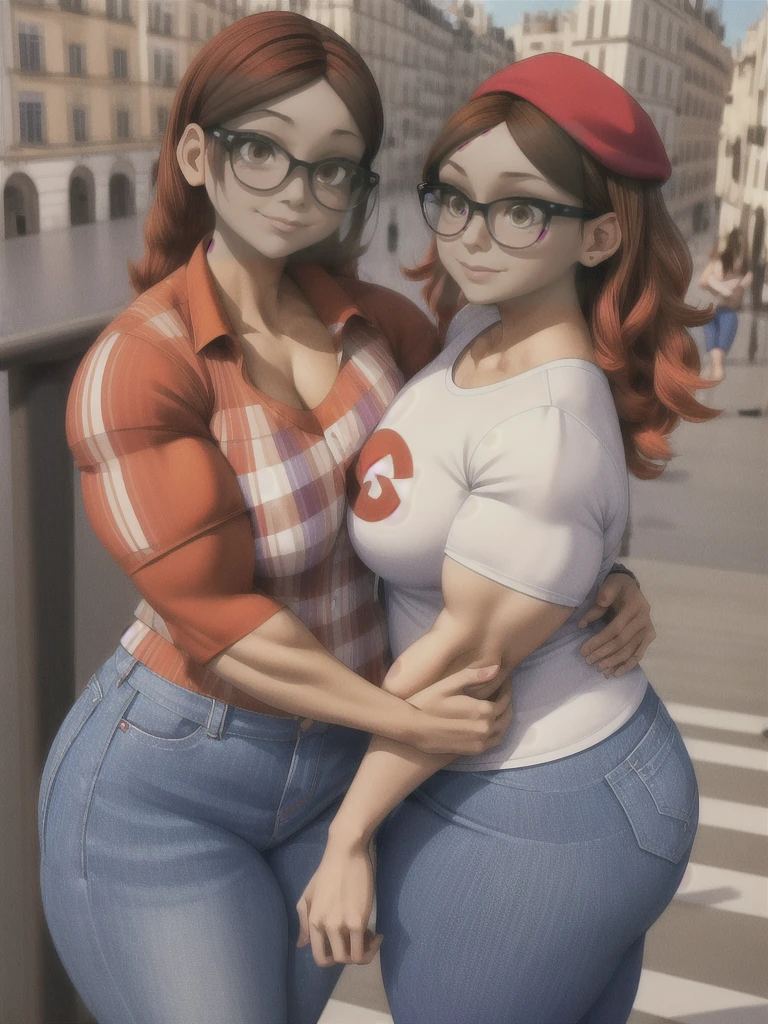 (masterpiece, best quality:1.2), A couple , boy Nino Lahiffe: Brown skin, dark hair, usually seen wearing a red cap, glasses, and casual clothing like a T-shirt and jeans, and a girl Alya Césaire: Brown skin, curly dark brown hair, often wears glasses, and typically seen in stylish, casual outfits. A casual day out with both characters in their everyday attire,Sharing a tender moment, like sitting on a rooftop overlooking Paris..(girl and boy:1), smiling, ((high resolution illustration)), ((extremely detailed)), (couple), Alya, Nino, Nino X Alya, (best quality,4k,8k,highres,masterpiece:1.2), ultra-detailed, realistic:1.37, HDR, studio lighting, extreme detail description, nino wearing a red cap, professional, vibrant colors, bokeh, ((muscular female bodybuilder)), detailed lips, strong embrace, romantic scene, intimate moment, intense passion, athletic bodies, fitness couple, gym background, muscular definition, sculpted muscles, sweat glistening,muscular
