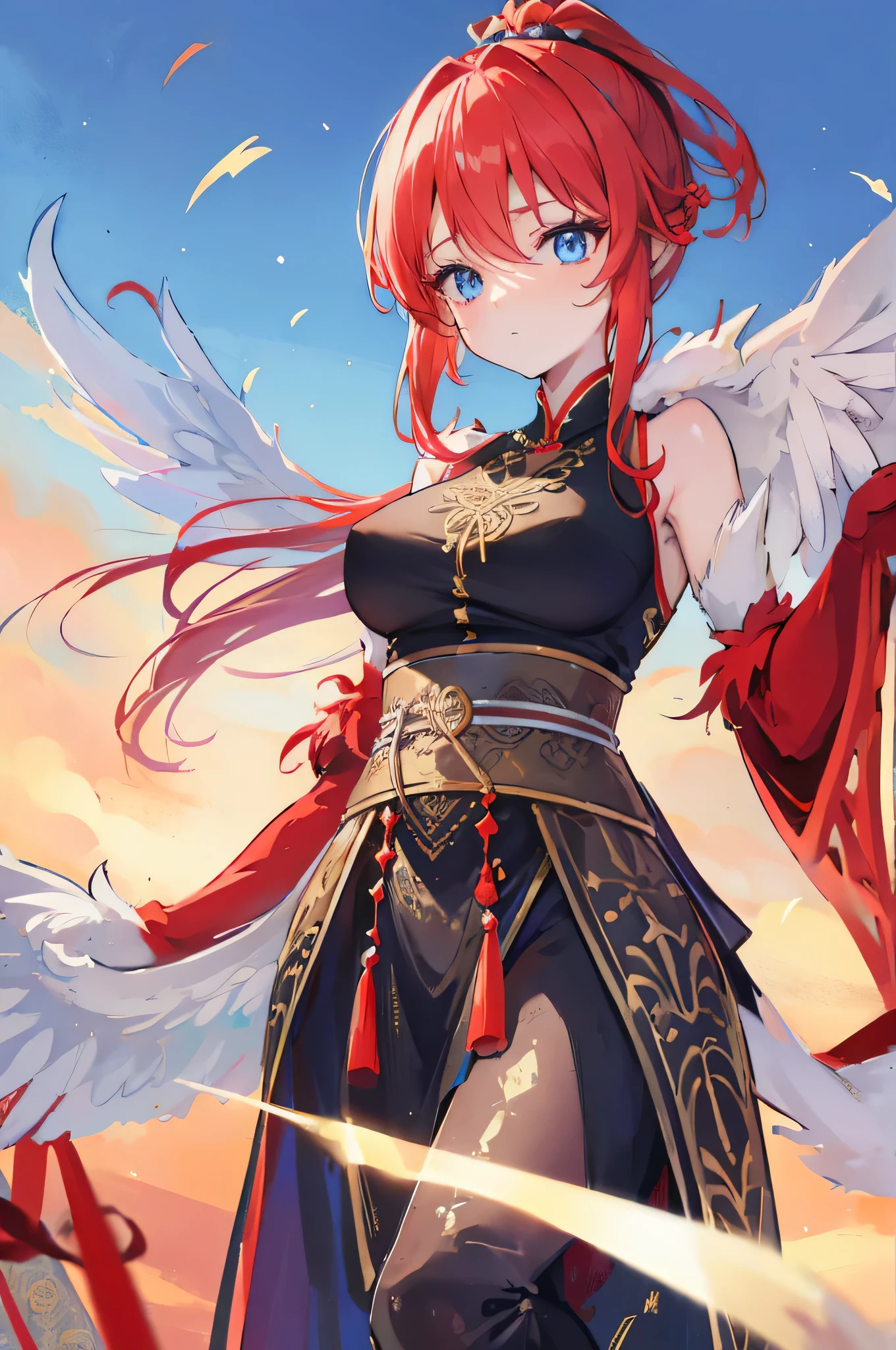 4K,High resolution,One Woman,Harpy,Red Hair,Long Ponytail,Braid,Blue Eyes,Big Breasts,White Wings,Golden toenails,Black Chinese dress,Sleeveless,no good,hair band,Jewelry decoration,Medieval town