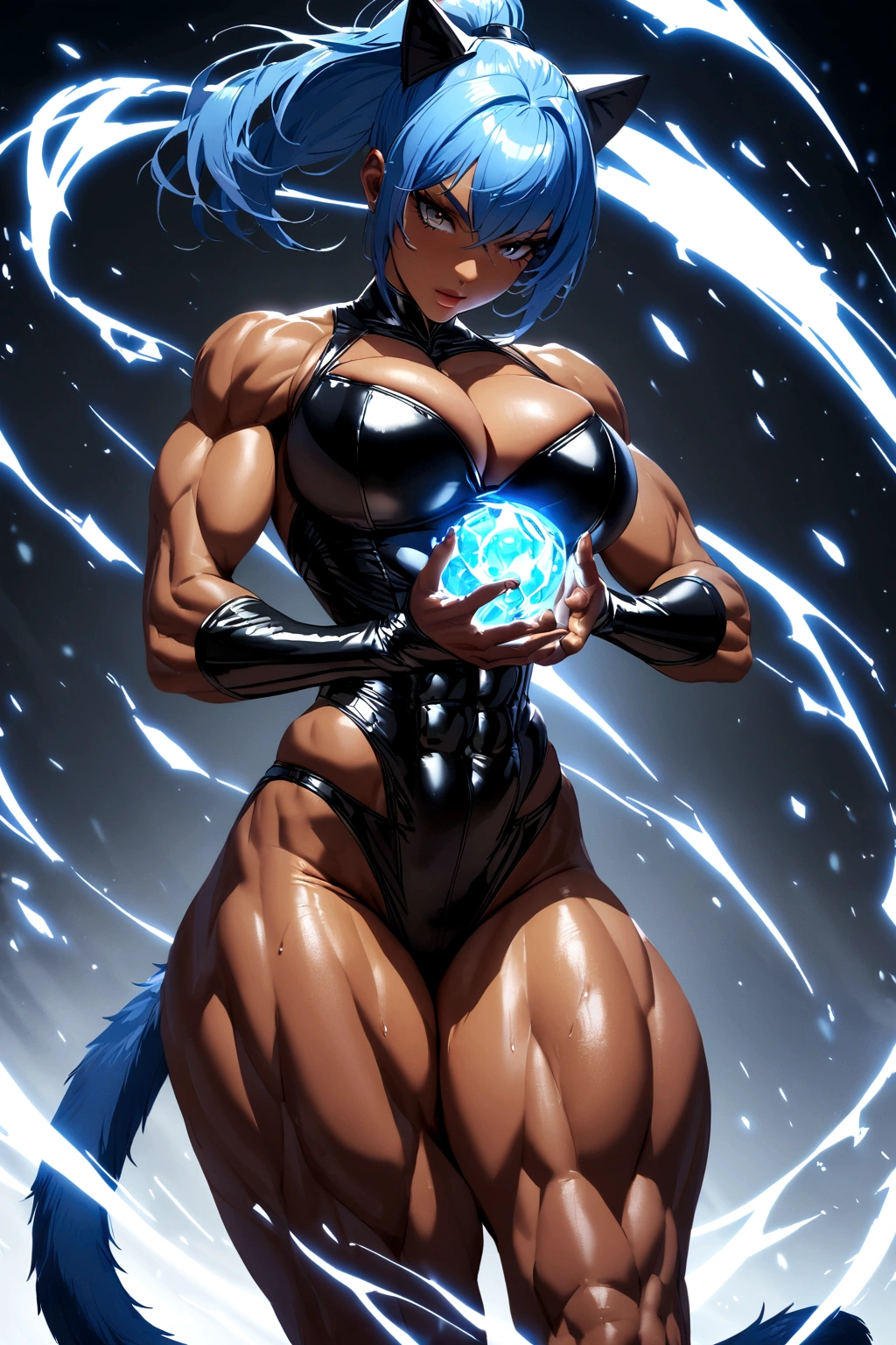 Create a catwoman with dark skin, blue hair with ponytail, blue cat tail, toned body with white energy in hands and legs, she has big breasts and thighs too, six-pack abs and muscular thighs