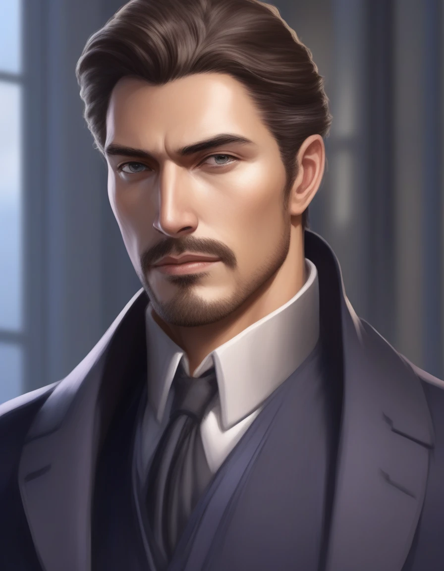 1man, mature male, parted bangs, medium-short hair, brown hair, muscular male celeb, short goatee, short mustache, indigo eyes, gentleman, elegant netori male, BREAK solo, white collared shirt, gray trench coat, black neck ribbon, in gentle sasaki style, visual novel, 2010s, extreme all detailed, masterpiece, best quality