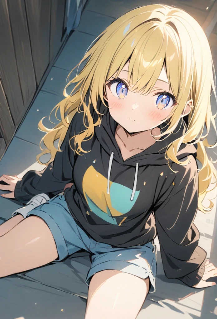 Sexy girl with silver eyes, wavy hair, blonde in black hoodie and blue shorts, whole body,cuved