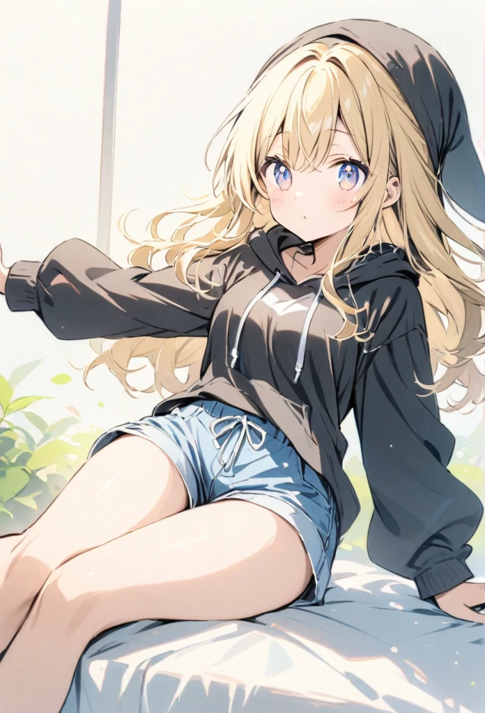Sexy girl with silver eyes, wavy hair, blonde in black hoodie and blue shorts, whole body,cuved