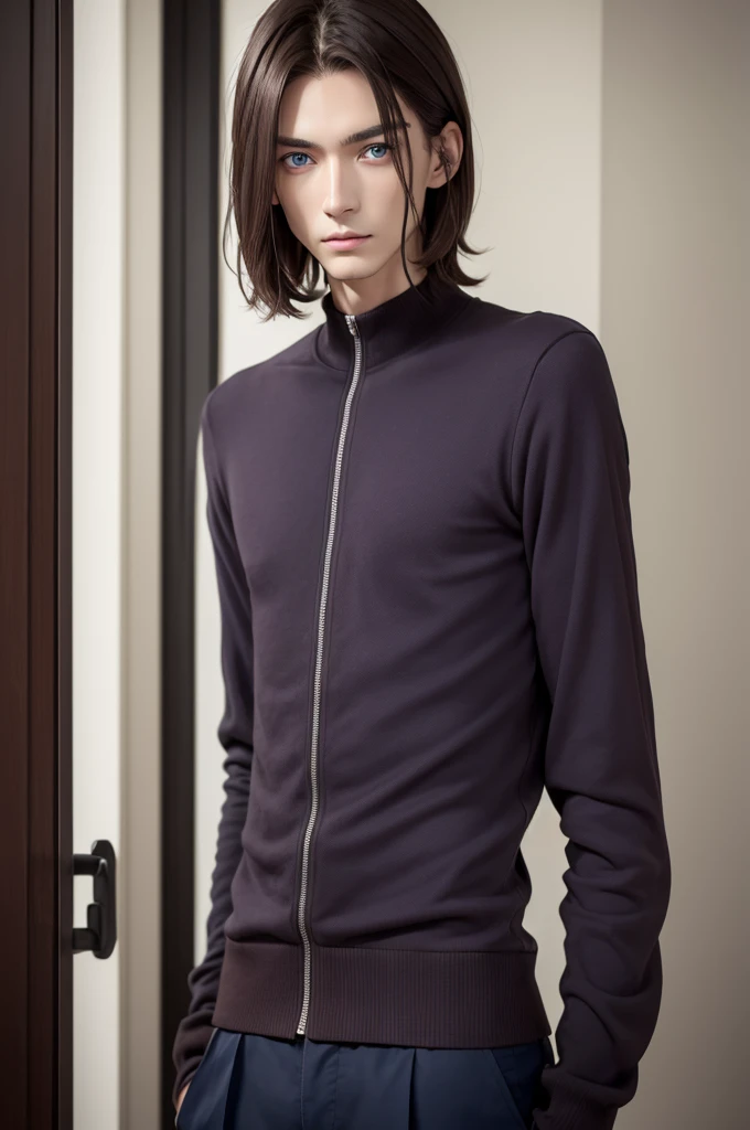 blue eyes and dark brown hair When Lily he is very thin , but muscular and they say he wore the same clothes every day.