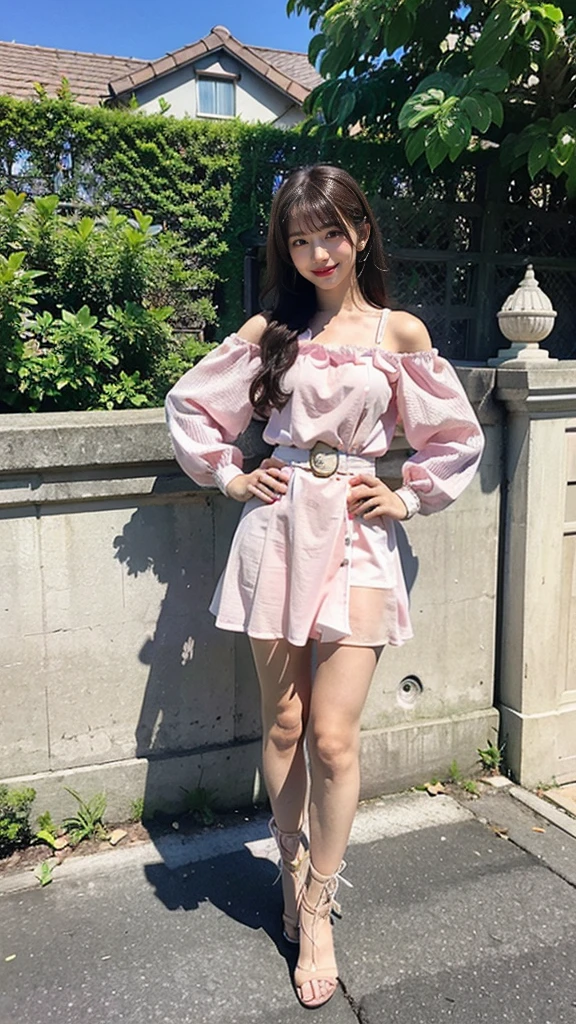 (8K、RAW Photos、Highest quality、masterpiece:1.2)、(Realistic、Realistic)、1 Girl、((Pink dress、whole body、boots、Off the shoulder、See-through、Frills、garden、smile、chest emphasis、whole body、View from the front、Ribbon on chest、Looking into the camera、belt、Stand with hands on hips))、