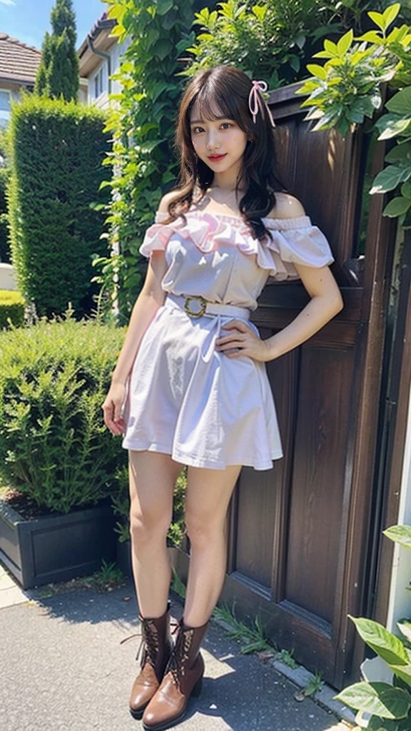 (8K、RAW Photos、Highest quality、masterpiece:1.2)、(Realistic、Realistic)、1 Girl、((Pink dress、whole body、boots、Off the shoulder、See-through、Frills、garden、smile、chest emphasis、whole body、View from the front、Ribbon on chest、Looking into the camera、belt、Stand with hands on hips))、