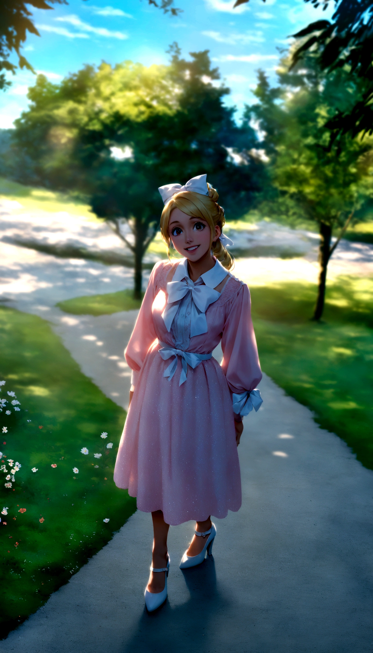  Pixar disney 3d movie cover, illustration of a 22 year old (a has blonde hair, wearing a pink dress with a white bow at the collar and high heels, no bow on top of head, tie tying the hair back), (the setting is a forest full of beautiful trees). She is smiling and happy. (Disney pixar 3d) (highest quallity)