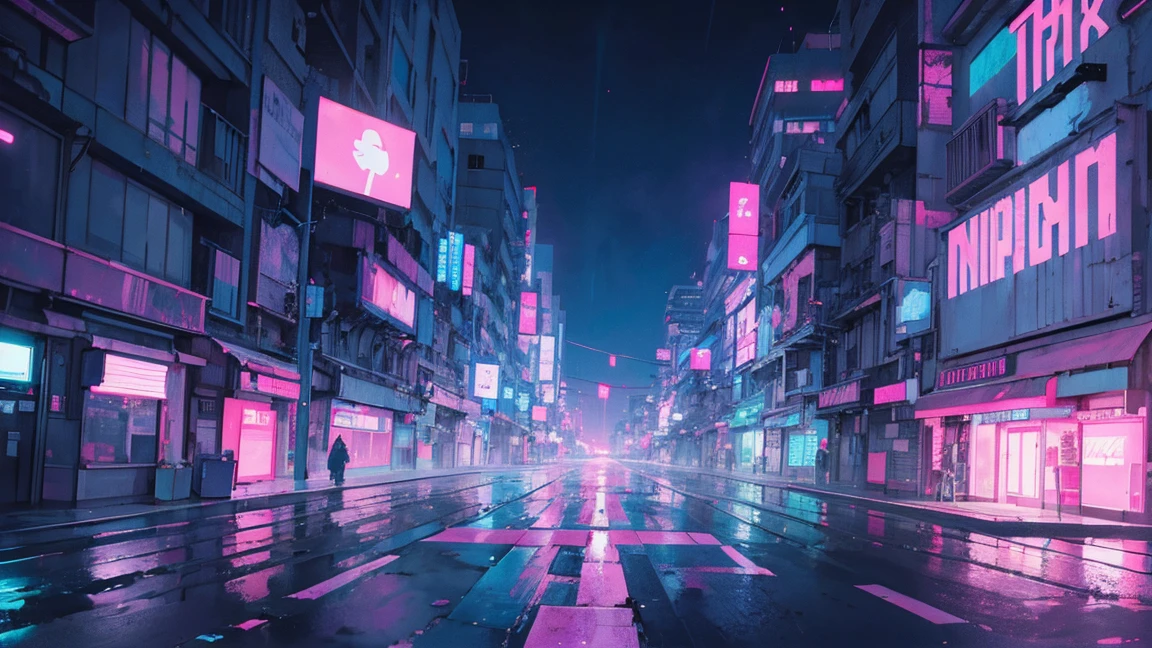 (pink and blue palette colors) a brightly lit city district with a full moon in the sky, anime wallpaper 4k, synthwave city, cyberpunk tokyo night, club building, red light district, bad part of town, trash, grunge, grime, dirty city, by Alena Aenami, night city in the background, rain