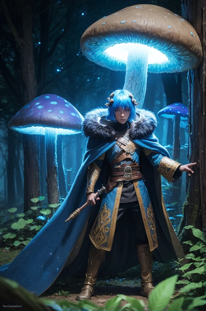 a fungal warrior, ominious, mushroom head, cape overcoat fur leaves, blue, lights,