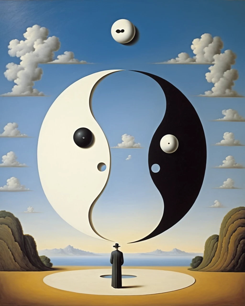 Lao Tzu, ying yang symbol - surreal style, surreal artwork, dream like, salvador dali style, René Magritte style, highy detailed, work of art, similar to a painting, High definition