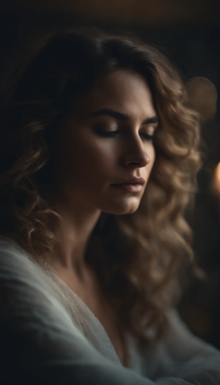 A dreamy depiction of a woman lost in her own thoughts, her wavy hair framing her face in a beautiful, ethereal way.