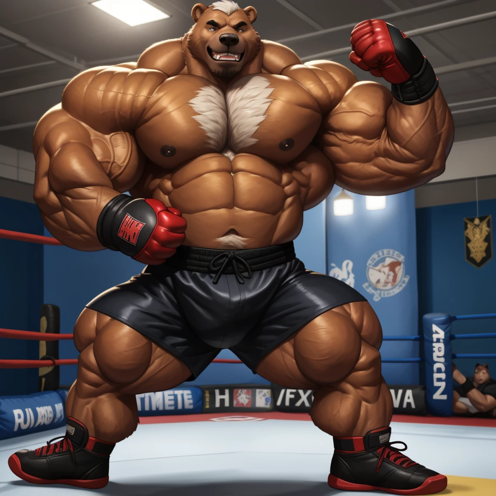 solo, 1boy, perfect anatomy, (bears:1), ground view, wrinkles skin, low shoot, down view, perfect proportional, thick furry body, thick thighs, big eyes, grin, perfect fingers, big paw hand, fingers. Huge Muscular Old grizzly bear with short hair, shoes ,(red kickboxing MMA gloves, black kickboxing MMA shorts, black kickboxing MMA footwear), practicing, training, kicking, punching, brown pectoral, thick hairy pectorals, huge pectoral, wide pectoral, white hair, white beards,  brown fur, masterpiece, semirealistic:1.2, high detailed, 8k, high resolution, perfect center, full view. ((really big muscle, massive muscular, thick brown fur, sixpack, thick hairy arms, wide pectoral, super huge muscle, hyper muscular, over sized muscle, huge arms, big hairy arms, huge pectoral))