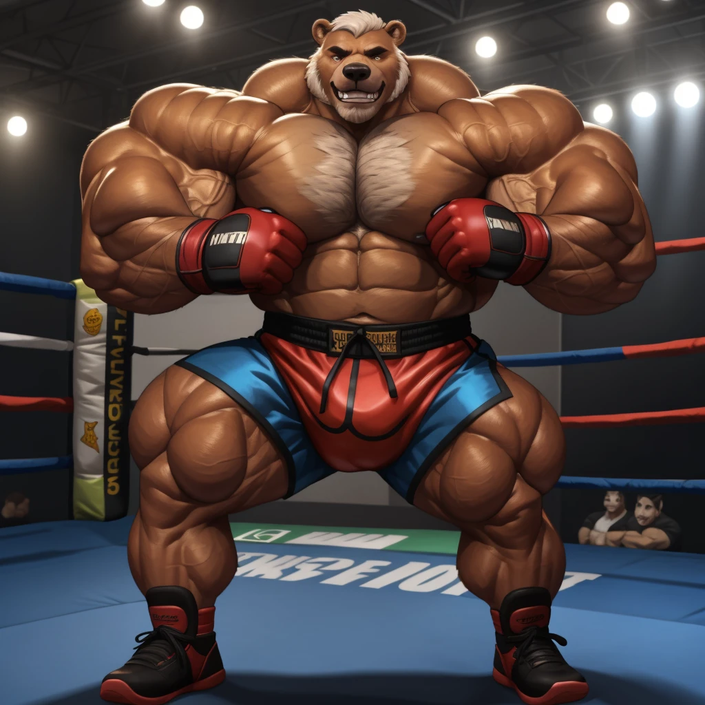 solo, 1boy, perfect anatomy, (bears:1), ground view, wrinkles skin, low shoot, down view, perfect proportional, thick furry body, thick thighs, big eyes, grin, perfect fingers, big paw hand, fingers. Huge Muscular Old grizzly bear with short hair, shoes ,(red kickboxing MMA gloves, black kickboxing MMA shorts, black kickboxing MMA footwear), practicing, training, kicking, punching, brown pectoral, thick hairy pectorals, huge pectoral, wide pectoral, white hair, white beards, brown fur, masterpiece, semirealistic:1.2, high detailed, 8k, high resolution, perfect center, full view. ((really big muscle, massive muscular, thick brown fur, sixpack, thick hairy arms, wide pectoral, super huge muscle, hyper muscular, over sized muscle, huge arms, big hairy arms, huge pectoral))