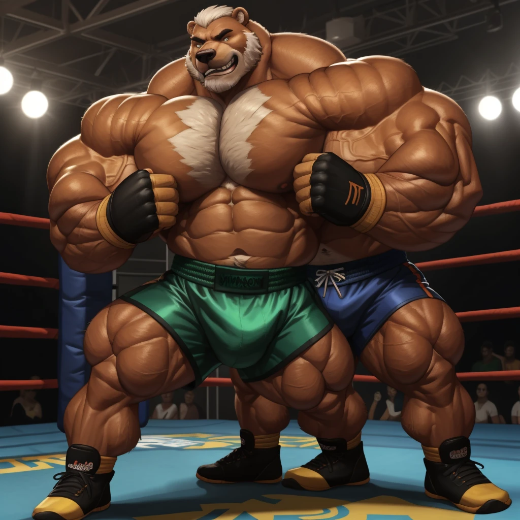 solo, 1boy, perfect anatomy, (bears:1), ground view, wrinkles skin, low shoot, down view, perfect proportional, thick furry body, thick thighs, big eyes, grin, perfect fingers, big paw hand, fingers. Huge Muscular Old grizzly bear with short hair, shoes ,(red kickboxing MMA gloves, black kickboxing MMA shorts, black kickboxing MMA footwear), practicing, training, kicking, punching, brown pectoral, thick hairy pectorals, huge pectoral, wide pectoral, white hair, white beards,  brown fur, masterpiece, semirealistic:1.2, high detailed, 8k, high resolution, perfect center, full view. ((really big muscle, massive muscular, thick brown fur, sixpack, thick hairy arms, wide pectoral, super huge muscle, hyper muscular, over sized muscle, huge arms, big hairy arms, huge pectoral))