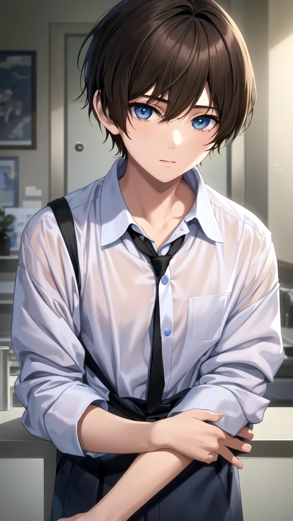 masterpiece, best quality, high quality, 1boy, solo, 14-year-old boy,male focus, looking at viewer , brown hair, old-school swoop haircut,upper body , blue eyes,