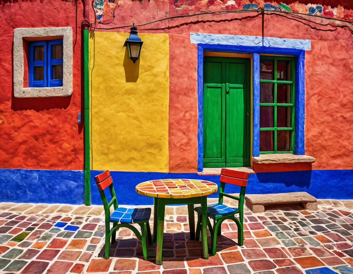 photography of a small rustic beach house with a table and chair in front of it, colorful house, colorful tiled architecture, cracks and infiltration stains on the walls, worn paint, wet sidewalk, tlaquepaque, by Hundertwasser, 2 4 mm iso 8 0 0 color, by Miroslava Sviridova, Piet Mondrian, beautifully painted, colorful architecture, colorful building, quaint, colorful caparisons, beautiful colorful tilework, realistic 4k ultra detailed, deep focus, vibrant colors,high saturation,high contrast,very high resolution,HDR,8k, masterpiece, best quality