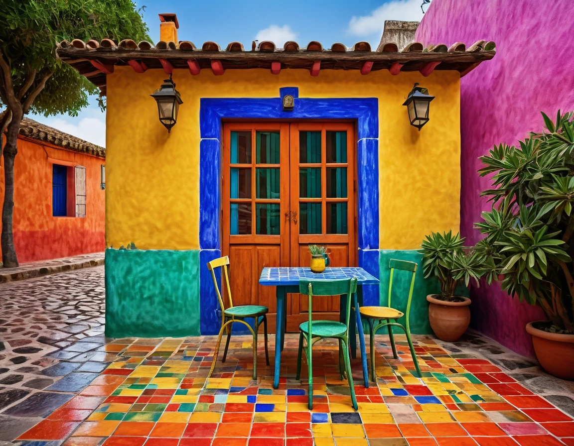 photography of a small rustic beach house with a table and chair in front of it, colorful house, colorful tiled architecture, cracks and infiltration stains on the walls, worn paint, wet sidewalk, tlaquepaque, by Hundertwasser, 2 4 mm iso 8 0 0 color, by Miroslava Sviridova, Piet Mondrian, beautifully painted, colorful architecture, colorful building, quaint, colorful caparisons, beautiful colorful tilework, realistic 4k ultra detailed, deep focus, vibrant colors,high saturation,high contrast,very high resolution,HDR,8k, masterpiece, best quality