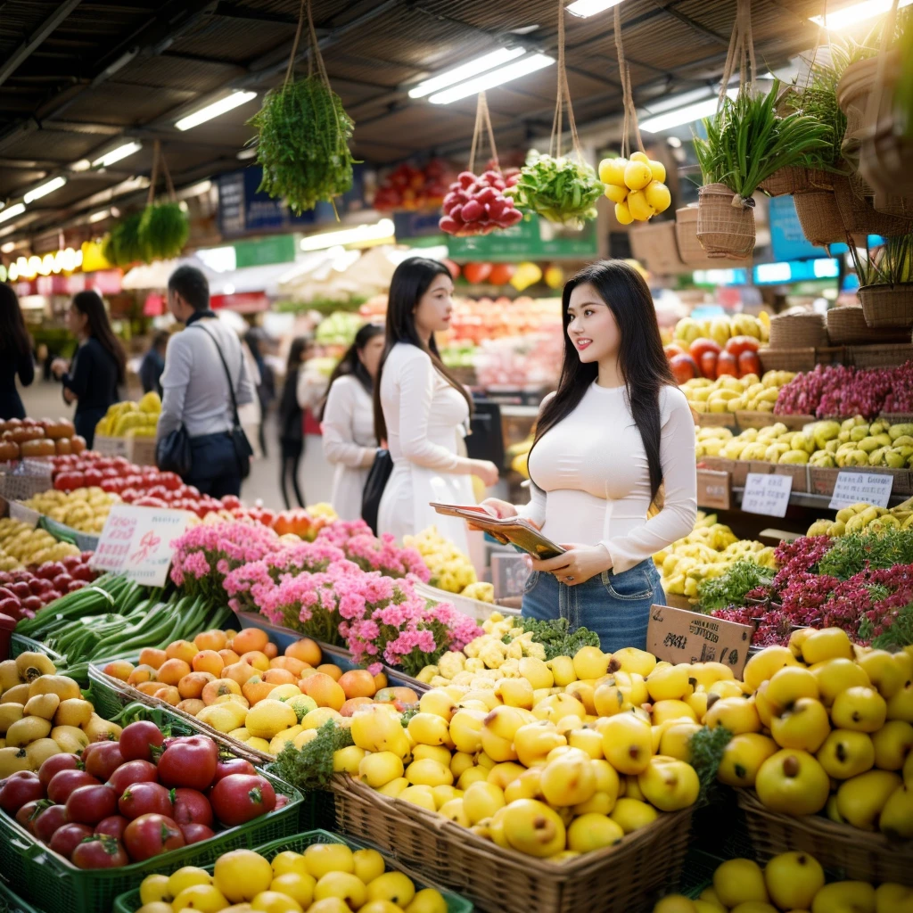 ((big breasts, beautiful breasts, standing in the middle of the market with many people around, 8k quality photo with good details))