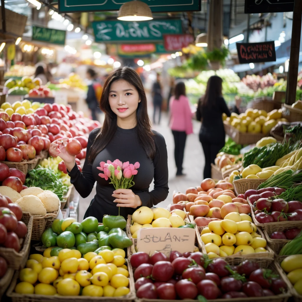 ((big breasts, beautiful breasts, standing in the middle of the market with many people around, 8k quality photo with good details))