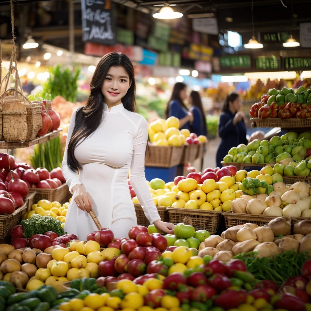 ((big breasts, beautiful breasts, standing in the middle of the market with many people around, 8k quality photo with good details))