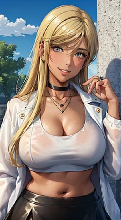(masterpiece, best quality:1.2), tsubakid4dj, evil grin, looking at viewer, shirt, long sleeves, jewelry, very long hair, closed mouth, collarbone, jacket, white shirt, upper body, open clothes, choker, shiny, necklace, shiny hair, open jacket, black jacket, swept bangs, ring, leather, leather jacket, cleavage, (hyper breast, gigantic breast, huge breast), chubby, plump, navel, belly, (miniskirt), crop top, underboob, (blonde hair:1.2), (dark skin:1.2), (dark-skinned female:1.2)