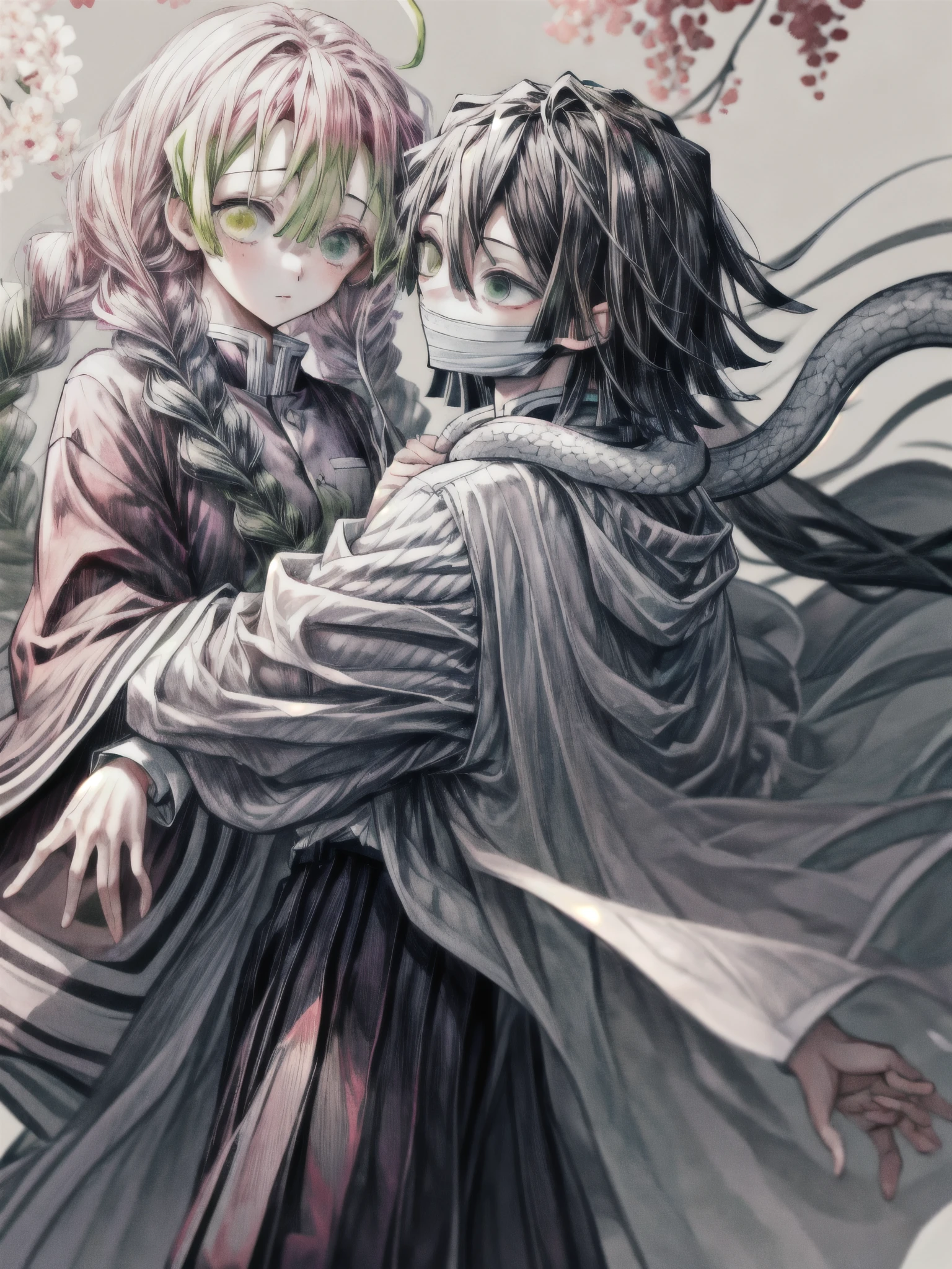 masterpiece, best quality, extremely detailed CG unity 8k wallpaper,1girl mitsuri, The illustration depicts two Demon Slayer: Kimetsu no Yaiba characters. 1girl A girl wearing a pleated skirt and a white haori over her . and 1boy obanai,  A boy wearing a uniform with a vertical striped pattern. He is wearing a mask. White snake, The background features a floral geometric pattern in soft pastel colors, creating a modern, artistic look.