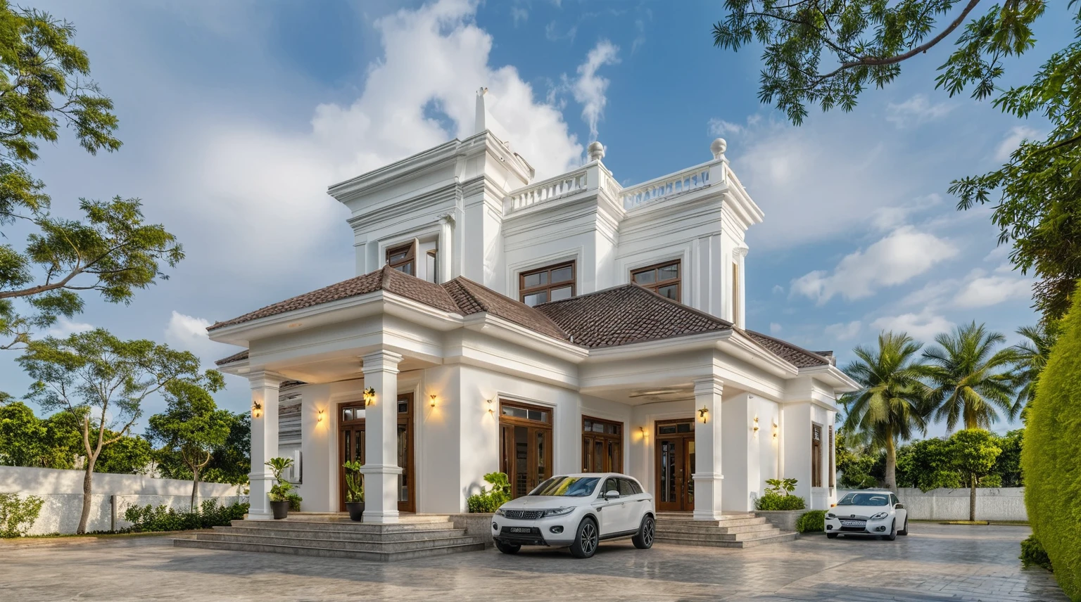neo classical villa on street, (daylight), (( one floor )), tropical tree, vivid colour, streetcapes, white tone, white wall, large glass door, warm interior lighting, wood and marble, best quality, 20ArchiAI_XL_NeoTH-v2