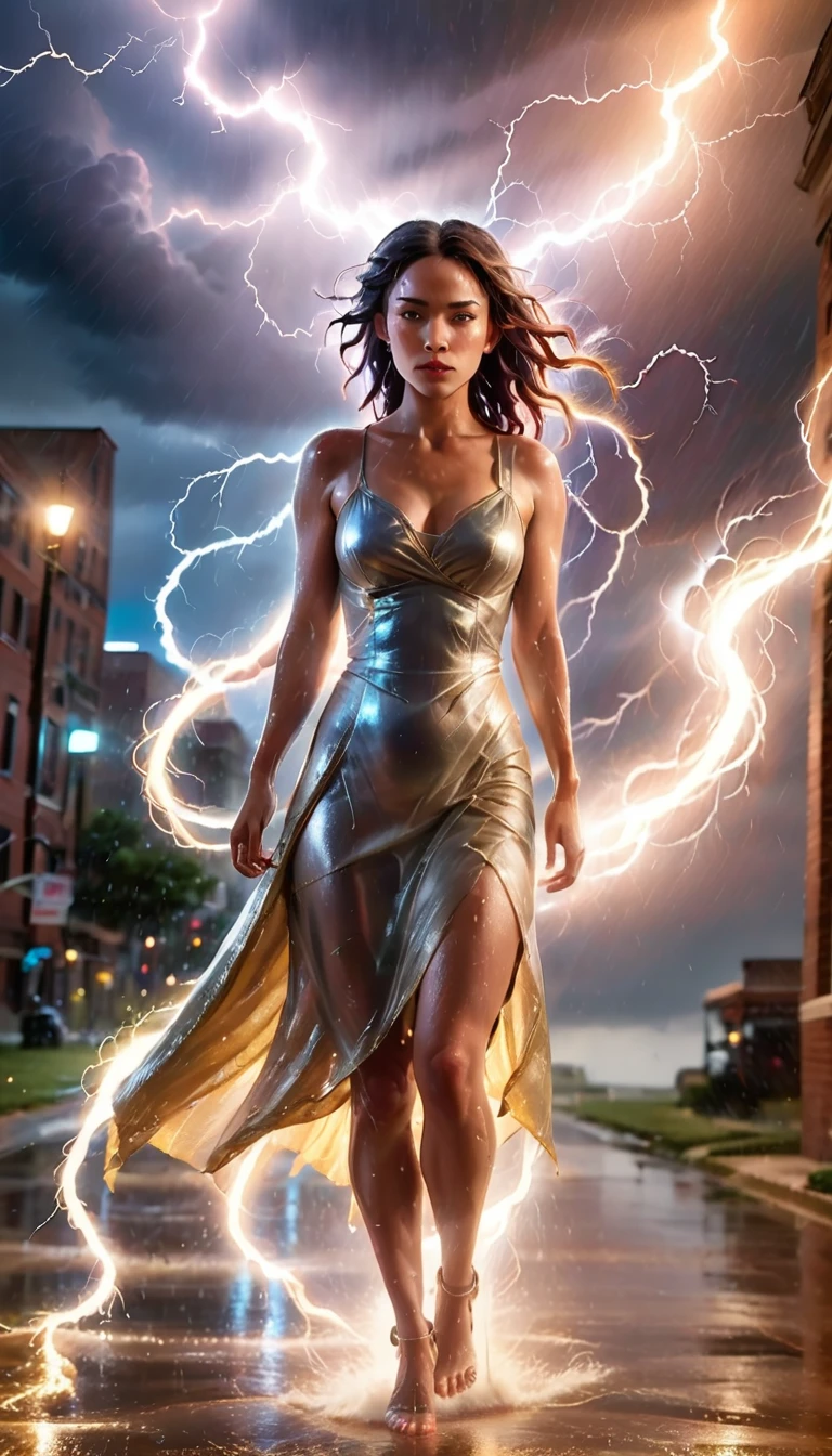 
It was raining and there were loud noises and resounding thunder. The scene is captured in high-fidelity photorealistic concept art with ominous lighting and well-lit faces. The backdrop features dramatic storm clouds and lightning and a tornado, with a sharp focus on the wet Goddess. The lighting highlights the texture and contour of her face, enhancing the divine and ethereal atmosphere. The image includes a lens flare effect for added realism and depth. Shot with a high resolution camera using a shallow depth of field (f/1.8), during a storm scene. Exposure time was set to 1/250 second to capture sharp details. A-I-A style
